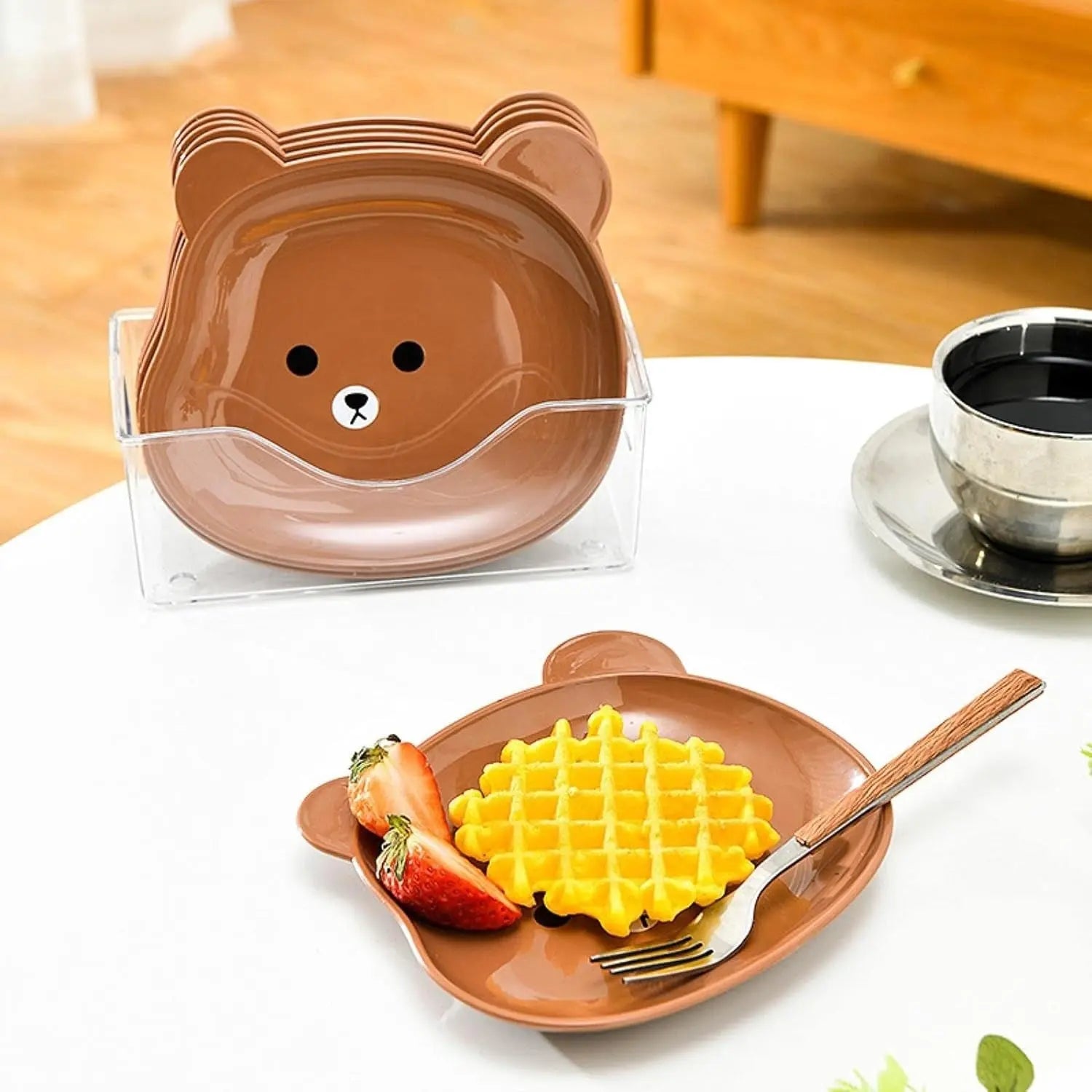 8 Pcs Bear Shape Plate Set – Creative Food-Grade Plastic Plates with Stand (Random Colour) DailyDwell.pk