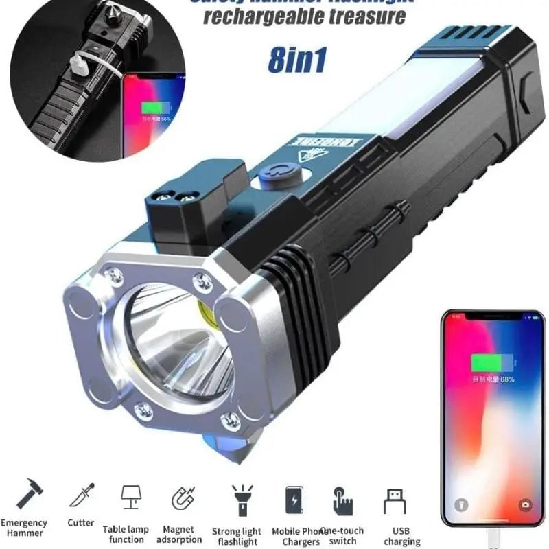 Versatile High Power Led Flashlight Focus Light Power Bank and Window Hammer DailyDwell.pk