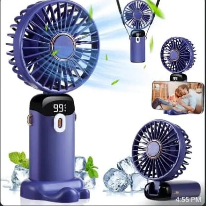 Foldable USB Neck Hanging Fan 5 Speed USB Fan Led Display Screen Rechargeable With Phone Stand(Random Colour) DailyDwell.pk