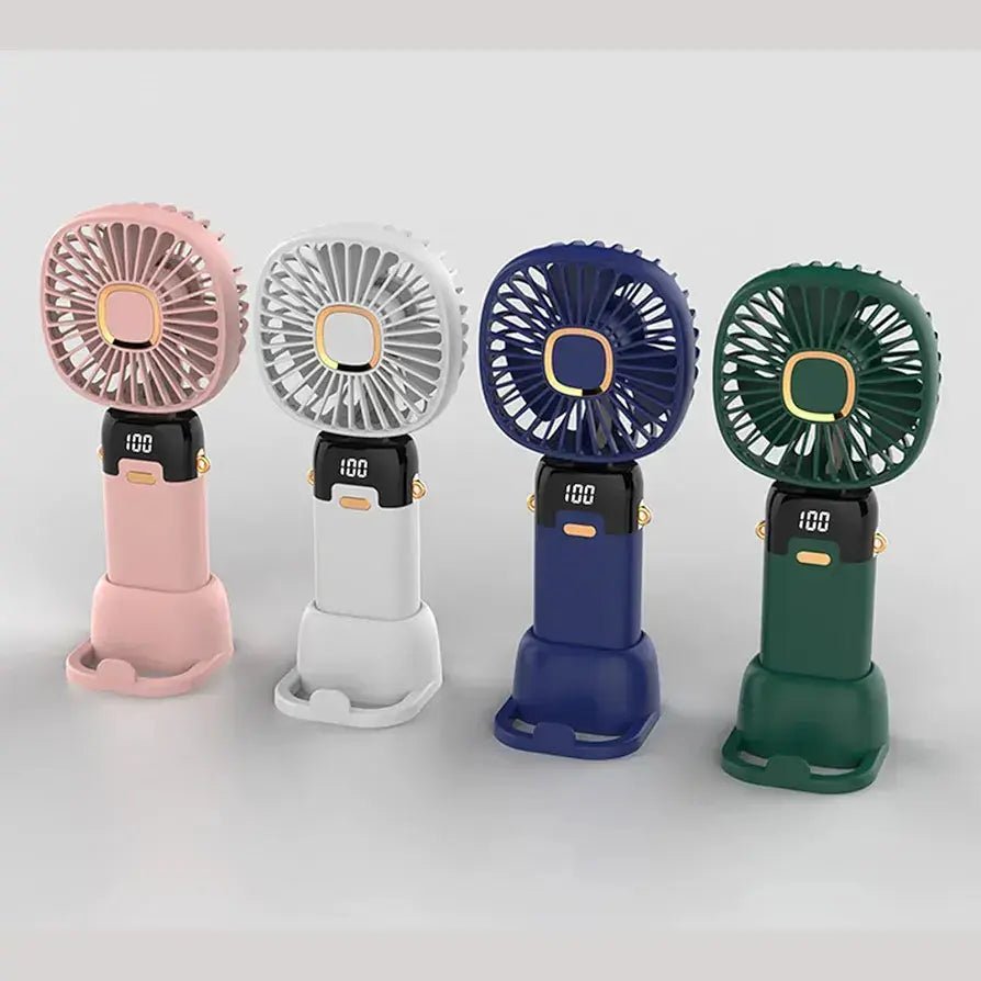 Foldable USB Neck Hanging Fan 5 Speed USB Fan Led Display Screen Rechargeable With Phone Stand(Random Colour) DailyDwell.pk