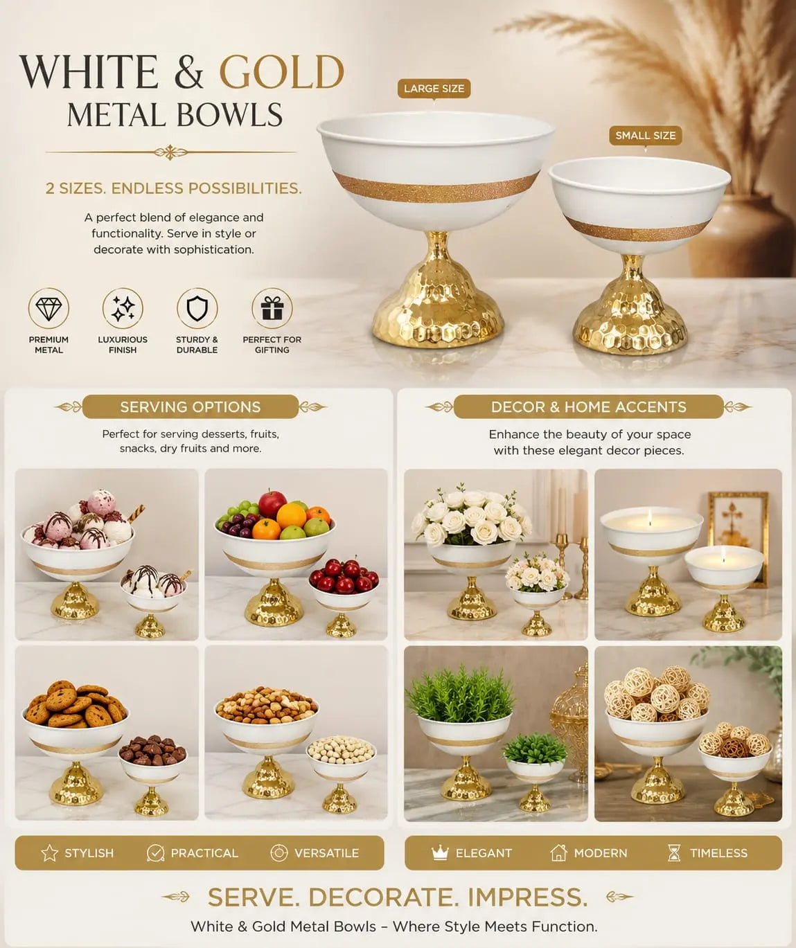 Luxury Metal Decorative Bowl White & Gold Finish DailyDwell.pk