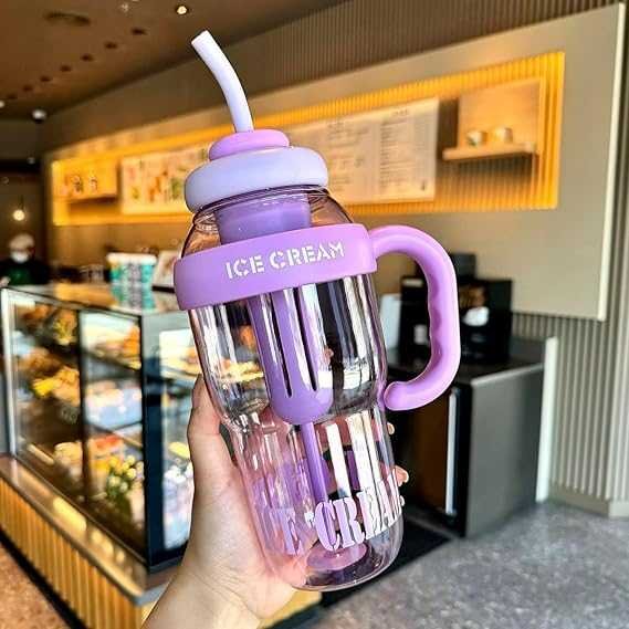 1400ml Ice-Cream Water Bottle – Kawaii Jumbo Smoothie & Milkshake Cup with Straw(Random colour) DailyDwell.pk