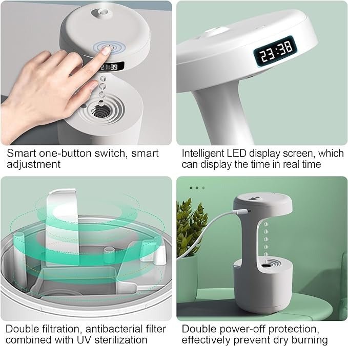 Smooth Sailing Anti-Gravity Humidifier – Ultra-Quiet Water Drop Light Effect (Random Color) DailyDwell.pk