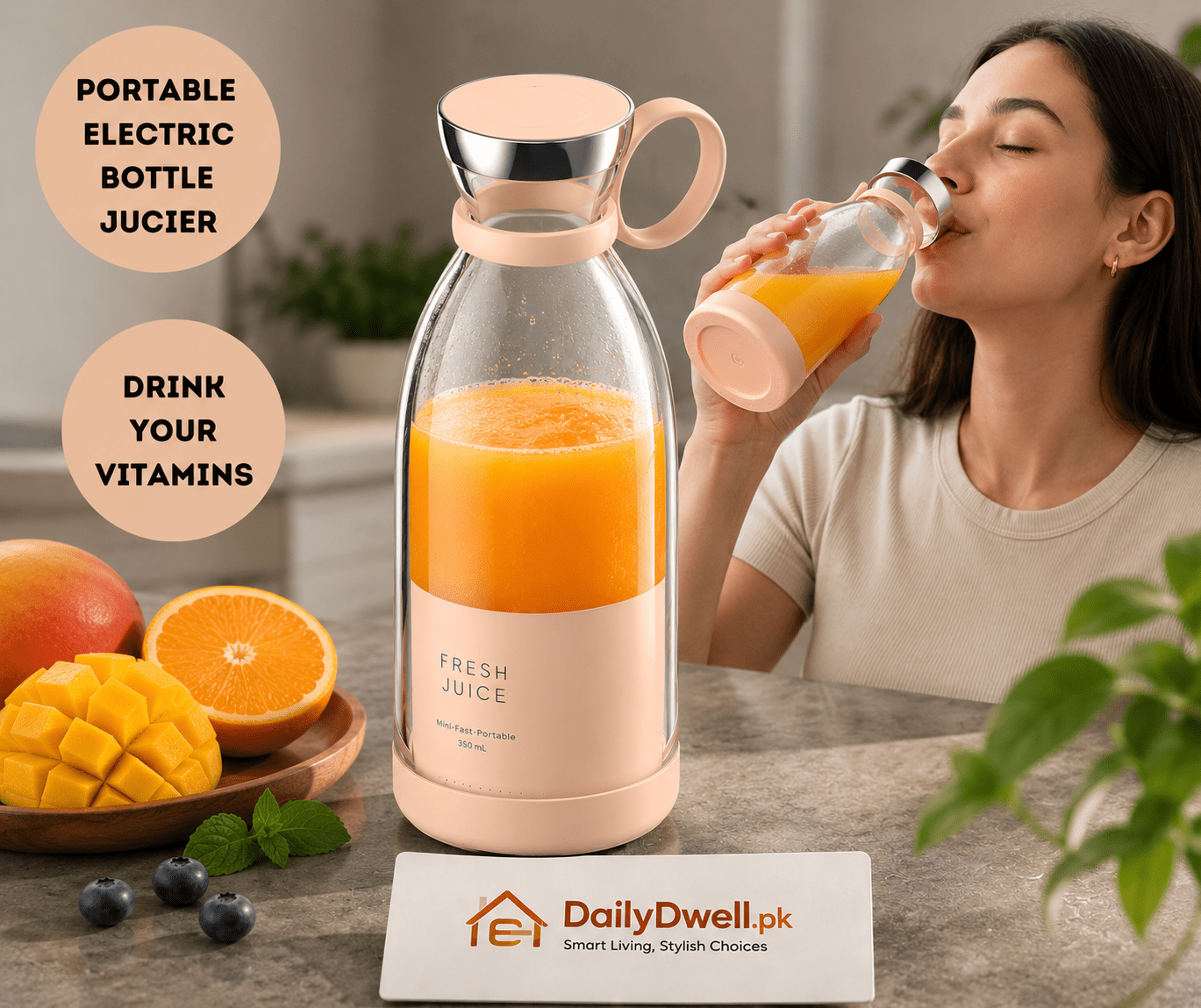 Portable Wireless Rechargeable Mini Blender – 4-Blade Electric Juicer & Fruit Smoothie Maker DailyDwell.pk