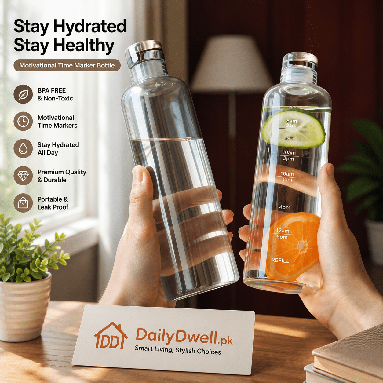 500ml Transparent Timeline Water Bottle – Motivational Leakproof Water Bottle with Time Markers DailyDwell.pk