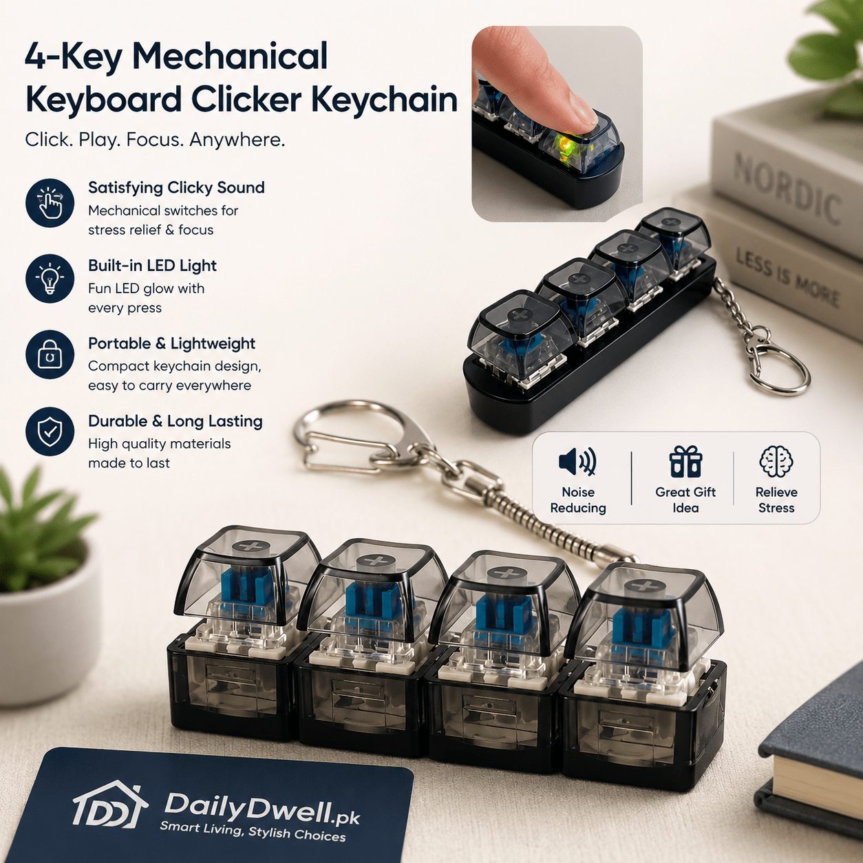 4-Key Mechanical Keyboard Clicker Keychain with LED Light (1 Pc) DailyDwell.pk