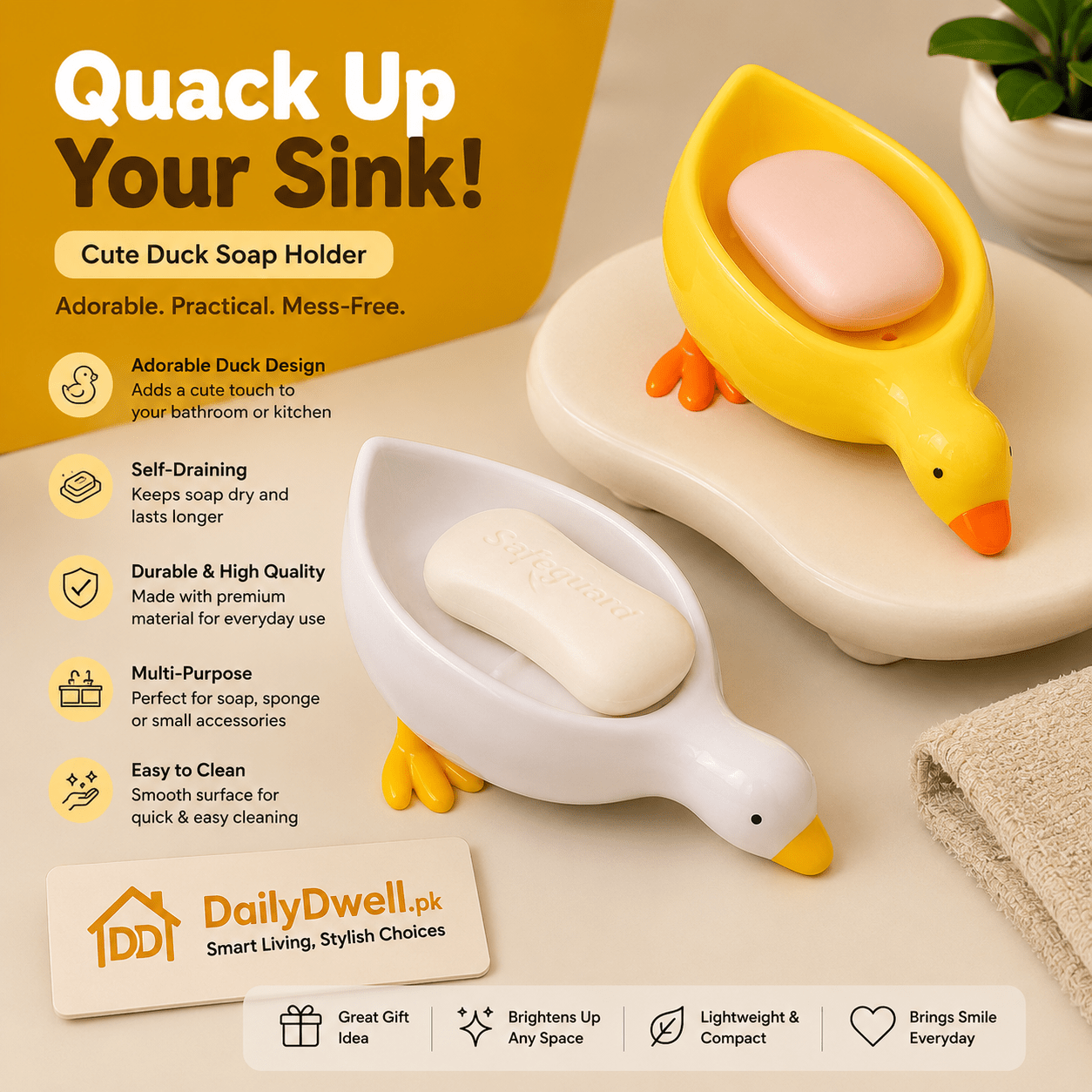Cute Duck Soap Holder – Portable Self-Draining Soap Dish for Bathroom & Kitchen (1PC) DailyDwell.pk
