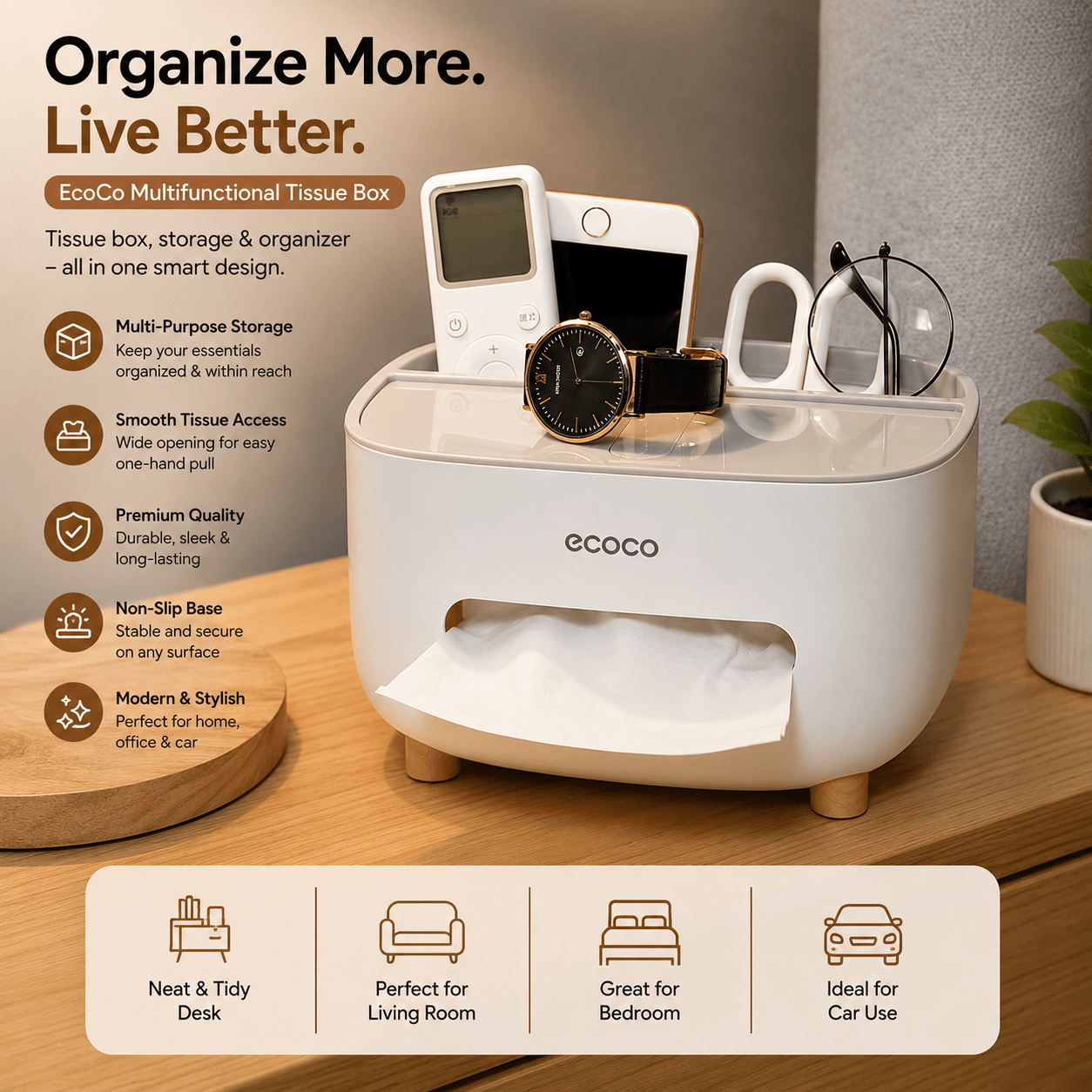 ECOCO Multifunctional Tissue Box with Storage Drawer DailyDwell.pk